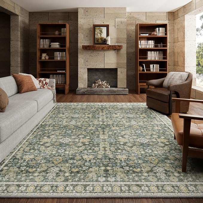 Washable Rugs for Living Room: 6x9 Area Rugs for Bedroom Ultra Soft Non-Slip Stain Resistant Vintage Boho Large Carpet for High-Traffic Dining Room - Farmhouse Decor
