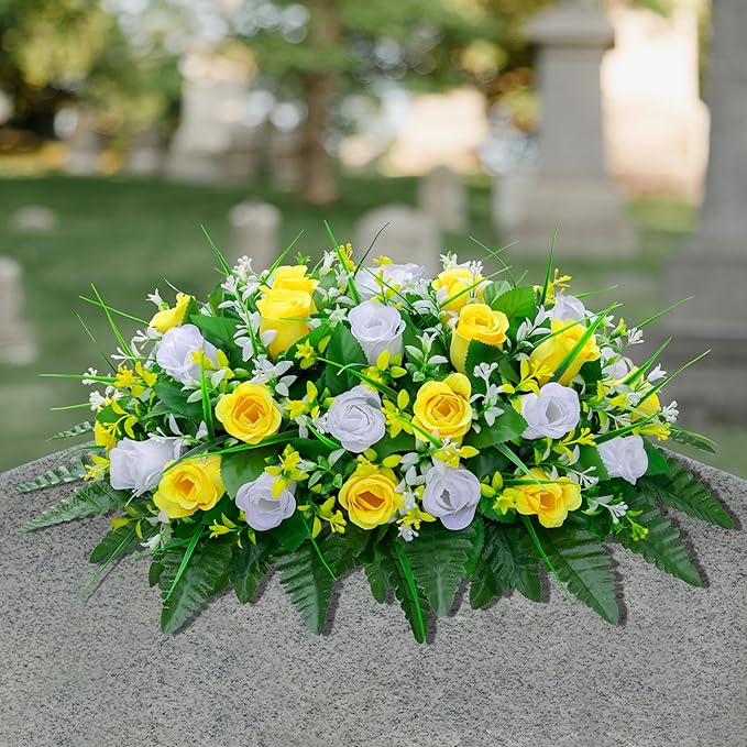 LVXINLI Artificial Cemetery Flowers Saddle-Shaped Tombstone Decorations Non-Fading UV-Resistant（Yellow and White Saddle ）