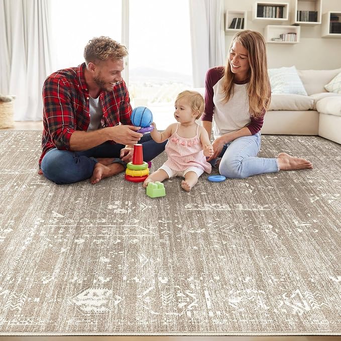 Area Rug for Living Room - 9x12 Soft Washable Oriental Vintage Floral Distressed Large Carpet - Fade Stain Resistant Non Slip Rugs for Bedroom Dining Room Nursery Dorm Office Home Decor - Camel