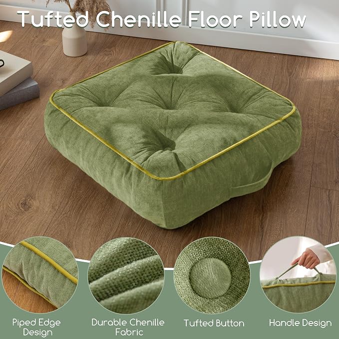 HIGOGOGO 6" Extra Thick Floor Pillow Cushion for Adults, Meditation Cushion Pillow with Handle, Lustrous Chenille Tufted, Square Floor Sitting for Tatami Living Room or Yoga, 22x22 Inch, 2Pack, Green