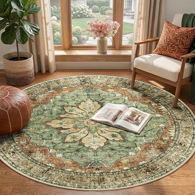 RELEANY Area Rugs 4ft Washable Non-Slip, Floral Vintage Distress Print Pattern Medallion Carpet for Living Room Bedroom Dining Room, Brick Red Rust Neutral Brown Burnt Orange
