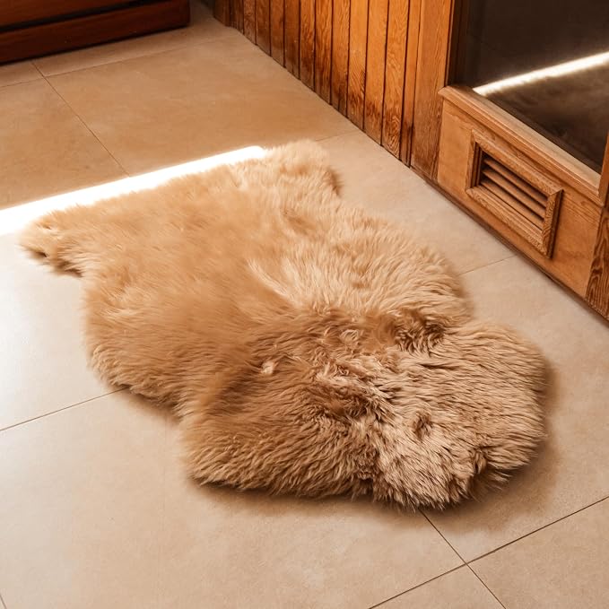Genuine Sheepskin Rug 2x3 Ft – Soft & Fluffy Single Pelt Light Beige Lambskin – Area Rug or Chair Cover Throw – Made in Argentina