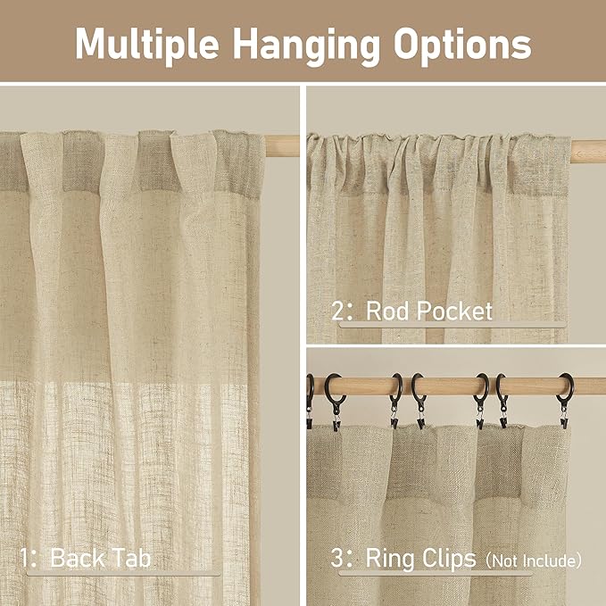 LAMIT Small Window Linen Curtains 45 Inches Long, Semi Sheer Light Filtering Panels Back Tab and Rod Pocket Cafe Drapes for Basement/Window/Kitchen, Linen, 2 Panels, 34 x 45 Inch
