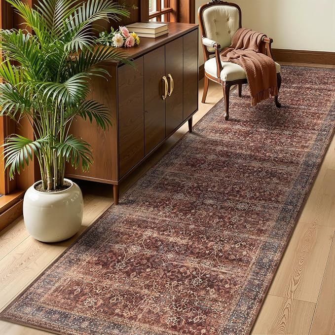 Dark Red 2'6''x8' Kitchen Runner Rug, Vintage Farmhouse Carpet Runners for Hallway 8ft Non Slip Washable, Low Pile Thin Print Entryway Runner Indoor Foyer Mudroom Bathroom Bedroom, Brick Red