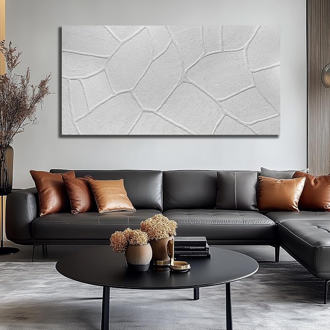 DNIEOTU Abstract Textured Canvas Wall Art for Living Room, White Wall-Decor for Bedroom, Modern Minimalist Geometric Paintings for Hallway Office, Size 72 x 36 Inches Hand Painted
