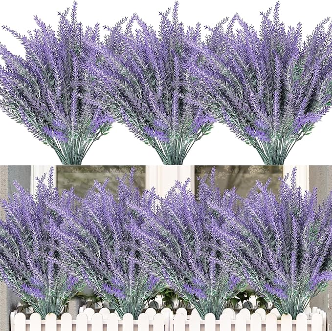 TURNMEON 10 Bundles Artificial Lavender Flowers for Outdoors Summer Decor,UV Resistant Fake Flowers Plants Flocked Faux Plastic Shrubs Wedding Bouquet Window Box Table Home Cemetery Decor(Gray Purple)