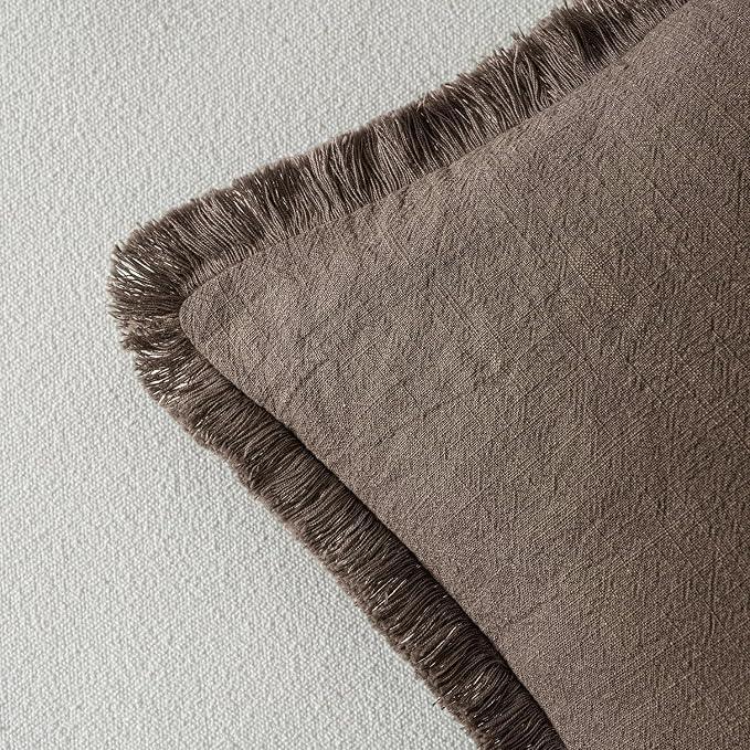 MIULEE Decorative Throw Pillow Covers Neutral Linen Fringe Throw Pillows Euro Shams Set of 2 Natural Coffee Boho Farmhouse Cushion Covers for Couch Sofa Bed Living Room Fall Home Decor 22x22 Inch