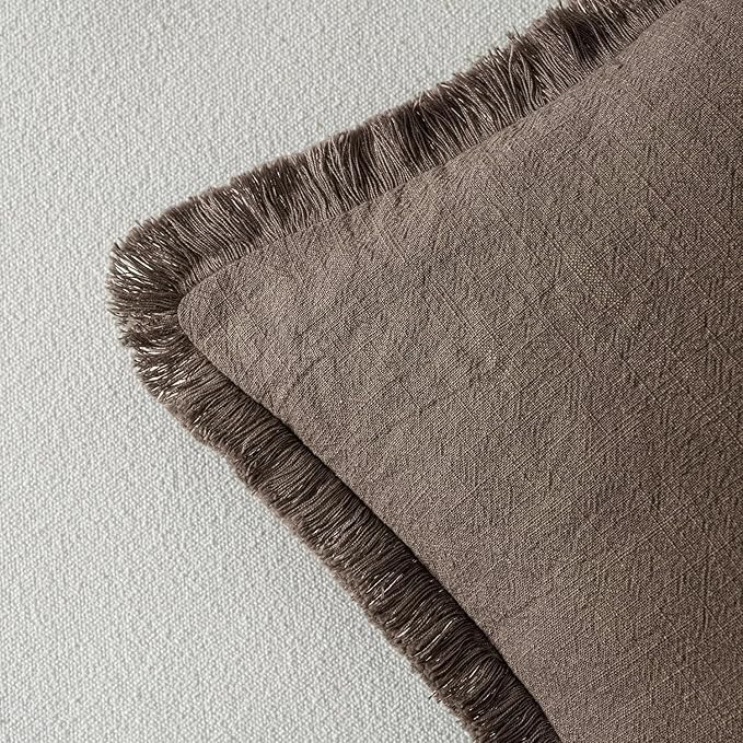 MIULEE Decorative Throw Pillow Covers Neutral Linen Fringe Throw Pillows Set of 2 Natural Coffee Boho Farmhouse Cushion Covers with Tassels for Couch Sofa Bed Living Room Spring Decor 20x20 Inch
