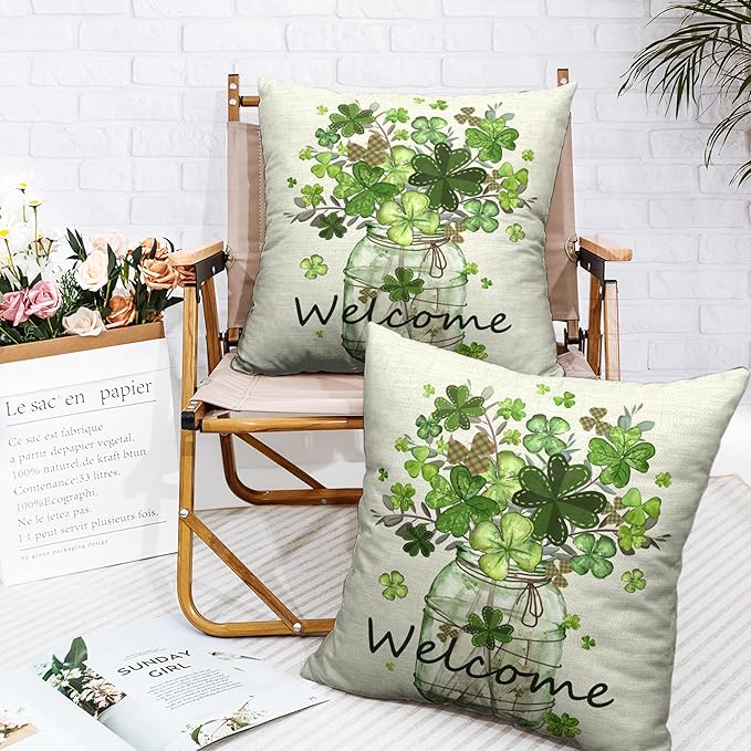 St Patricks Day Pillow Covers 18x18 Set of 2 Shamrock Pillow Case Clover Vase Decorative Pillow Covers Spring Cotton Linen Cushion Case for Living Room Outdoor Bedroom