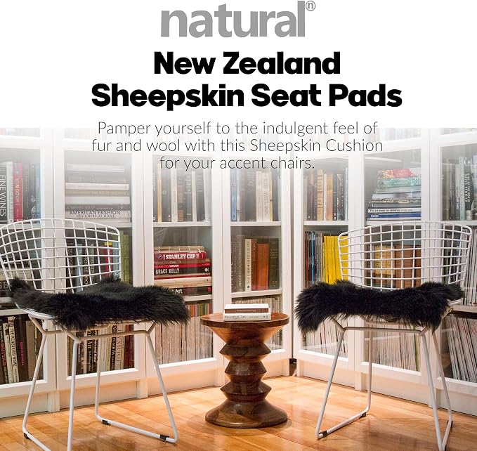 Set of 4, Natural Sheepskin Chairpad with Non-Slip Backing | 100% Real New Zealand Wool Sheepskin for Car Seat, Accent Chair, or Vanity Chair, Black