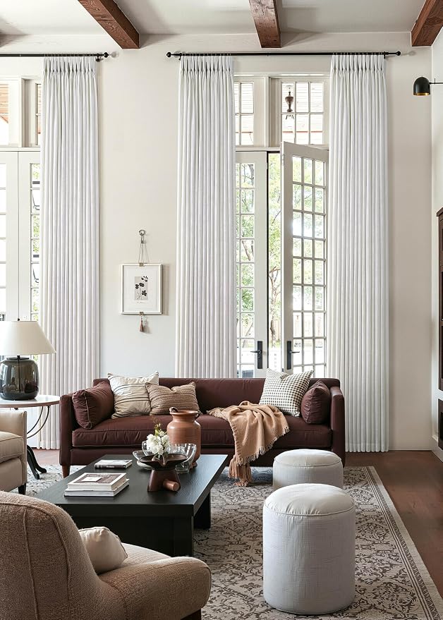 144 Inch Pinch Pleated Linen Curtains for High Ceiling Floor Living Dining Room 2 Panels Set Natural Ivory Cream Beige Privacy Light Filtering Pinch Pleat Curtains 144 Inches Long for 2 Story Window