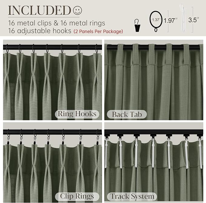 Sage Green Pinch Pleated Linen Curtains 96 Inches Long for Living Room Bedroom with Rings Hooks Clips Back Tab Semi Sheer Curtains Light Filtering Boho Farmhouse Drapes Light Green