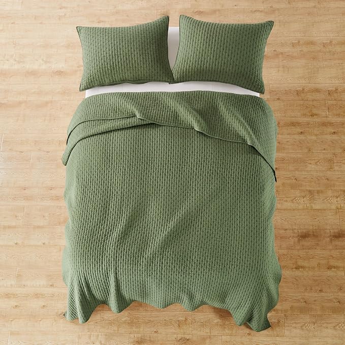 Levtex Home Cross Stitch Reversible Queen Bedspread Set (104x106in) with 2 Pillow Shams (26x20in) - Stitch Texture - Forest Green - Cotton Queen Size Bedspread Set - Lightweight, Soft, Pre-Washed