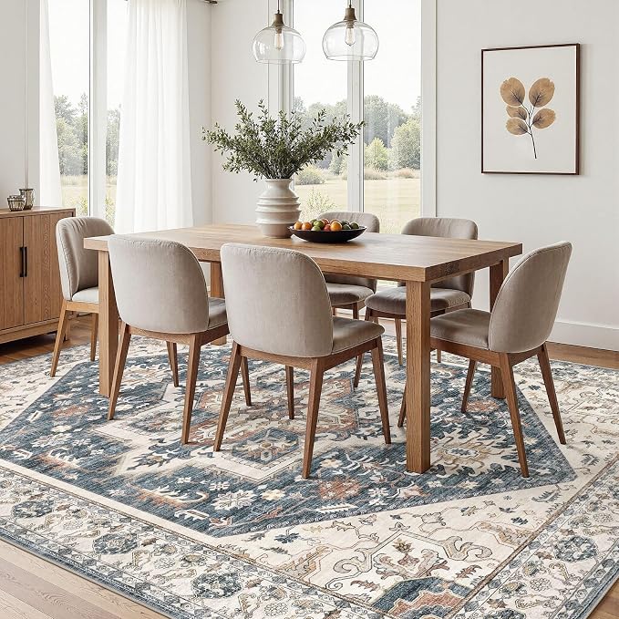 10x14 Area Rugs for Living Room - Large Carpet Ultra Thin Soft Washable Oriental Vintage Floral Distressed Rug Big Indoor Carpets for Bedroom Nursery Dorm Home Decor Aesthetic - Vintage Blue