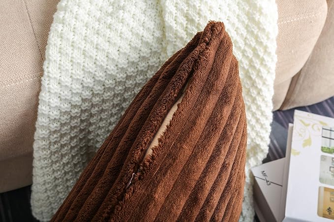 TangDepot Velvet Big Corduroy Pillow Covers 12x18 Brown 2-Pack | Soft wide-stripe corduroy pillow cover, hidden zipper, machine washable, easy refresh, for bedroom living room indoor outdoor