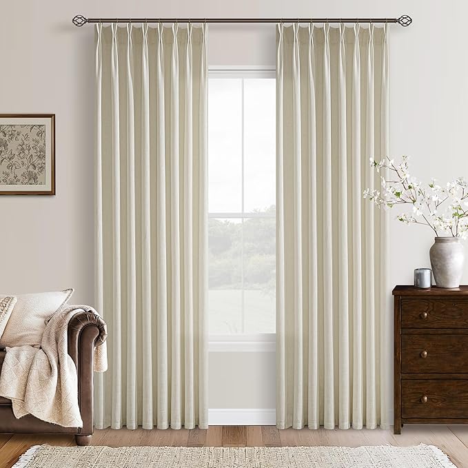 80 Inch Linen Curtains 2 Panels Set for Living Room Bedroom Boho Farmhouse Pinch Pleated Flax Linen Burlap Semi Sheer Back Tab Pinch Pleat Hooks Rings Window Curtain Light Tan Beige 50 by 80 Length