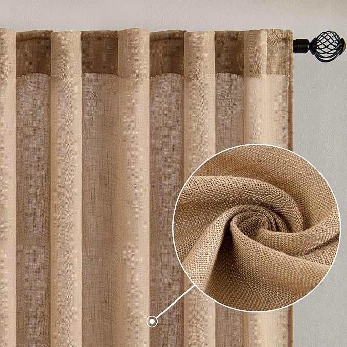 MIULEE Brown Linen Curtains 72 Inch Length for Bedroom Living Room, Soft Thick Linen Textured Window Drapes Semi Sheer Light Filtering Back Tab Rod Pocket Burlap Look Farmhouse Decor, 2 Panels