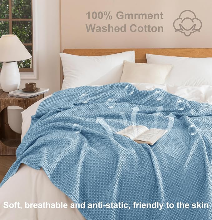 Talasily 100% Cotton Blanket Twin XL Size for Bed - Spring and Summer Cooling Lightweight & Breathable Bedding -Soft Waffle Weave Christmas Blanket, Machine Washable,Navy Blue,66x90 Inches