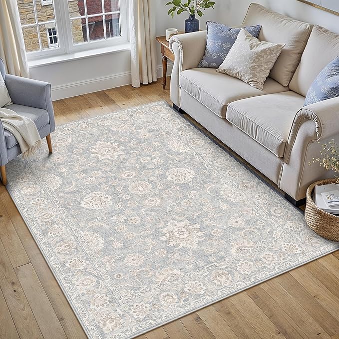 3x5 Blue Cream Washable Area Rug for Entryway Neutral Floral Soft Non Slip Carpet Low Pile Distressed Door Mat for Bathroom Bedroom Entrance Living Room