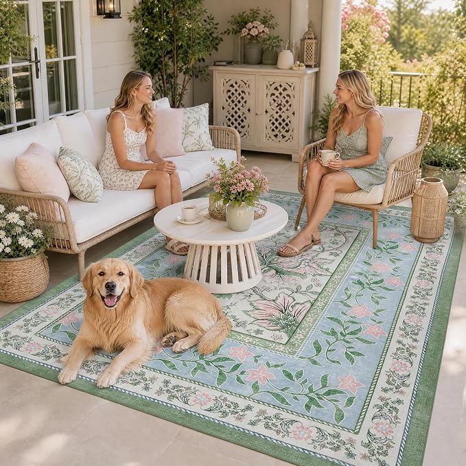 GarveeHome Blue Green Pink 8x10 Area Rugs for Living Room, Botanical Grove Cottagecore Washable Rug for Bedroom Dining Nursery Low-Pile Vintage Large Carpet