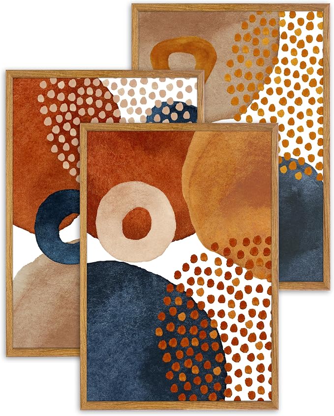 UPWOIGH Boho Abstract Framed Wall Art, 16 x 24 Inch, Set of 3 | Terracotta, Navy and Beige Geometric Prints, Modern Watercolor Boho Design, Light Wood Frames for Bedroom and Living Room