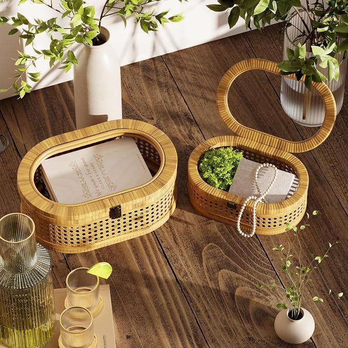 Rattan Display Box,Boho Oval Decorative Storage Boxes with Clear Lid,Set of 2 Woven Wicker Natural Finish Keepsake Boxes for Rustic Farmhouse for Home Decor