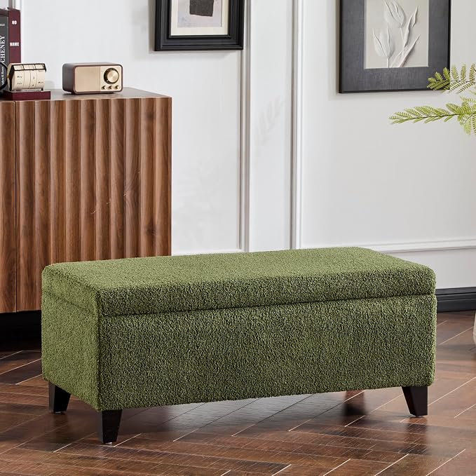 Christopher Knight Home Vayne Boucle Storage Ottoman, Rectangular Ottoman Bench, Birch Wood Legs, Upholstered Ottoman with Storage, Foot Rest Bench for Living Room, Entryway and Bedroom, Green