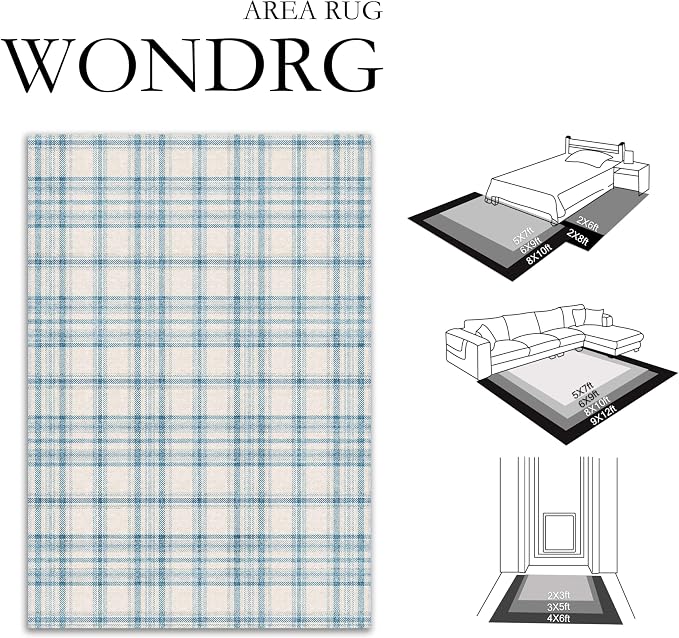 9x12 Blue Area Rug for Living Room Bedroom Soft Low Pile Checkered Large Carpet Modern Accent Non Slip Rug for Dining Room Nursery Office Indoor