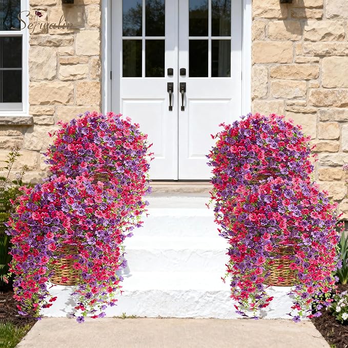 Serwalin 6PCS Artificial Hanging Flowers for Outdoors, UV Resistant Fake Hanging Plants, Realistic Weatherproof Outdoor Decor for Patio, Porch, Garden & Window (Purple& Hot Pink,6PCS)