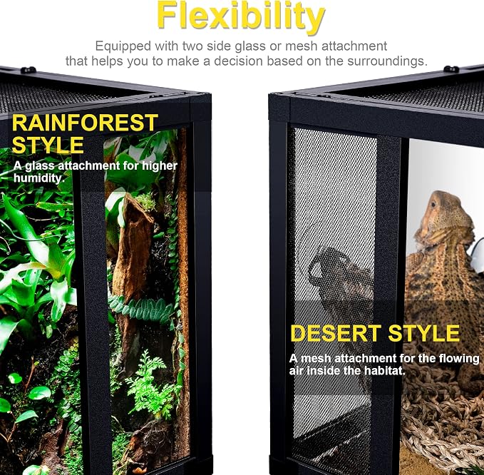 24"x18"x18" Reptile Terrarium, Modular Aluminum-Frame Glass Vivarium for Small Tropical Lizards Such as Juvenile Iguanas, with Lock, Cable Port, Waterproof Deep Base & Adjustable Vents