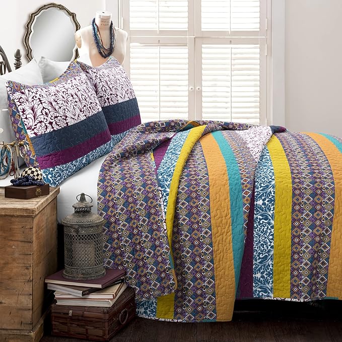 Lush Decor Boho Stripe Reversible Cotton Quilt 3-Piece Set, King, Plum & Yellow - Bold Colorful Bohemian Bedding Set
