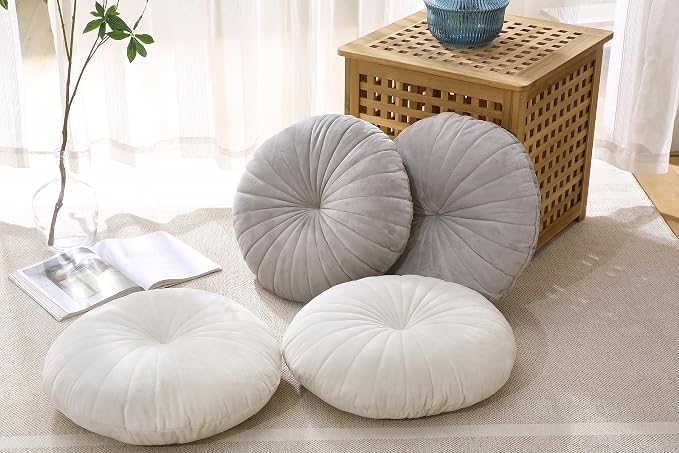 Floor Pillow Meditation Cushion Round Large Floor Pillows Seating for Adults, Velvet Thick Floor Cushions for Yoga Living Room Balcony Outdoor Tatami 18inch（Beige）