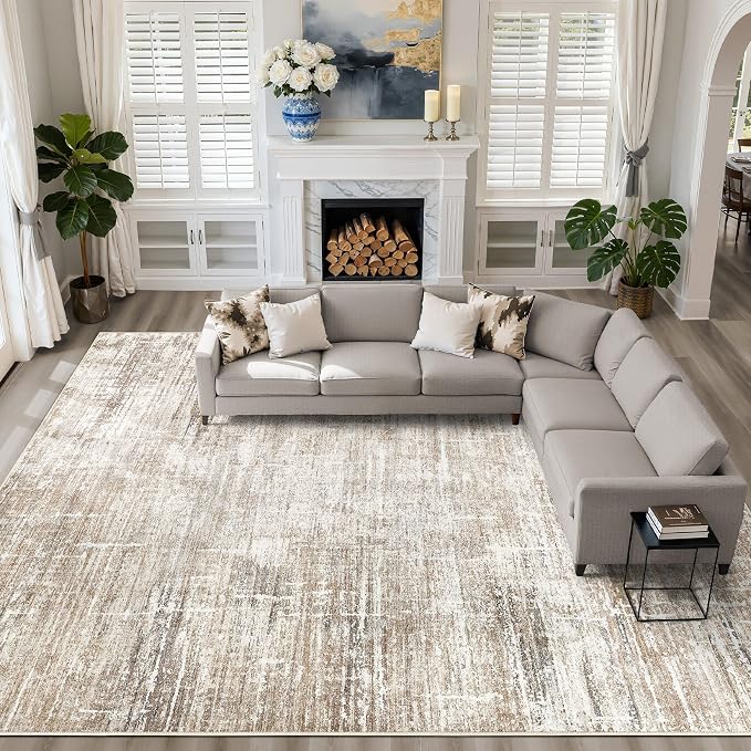10x12 Area Rug Living Room: Washable Large Neutral Rug Abstract Soft Modern Stain Resistant Indoor Floor Non-Slip Carpet for Bedroom Nursery Kids Office Playroom Dining Room Under Table- Dark Brown