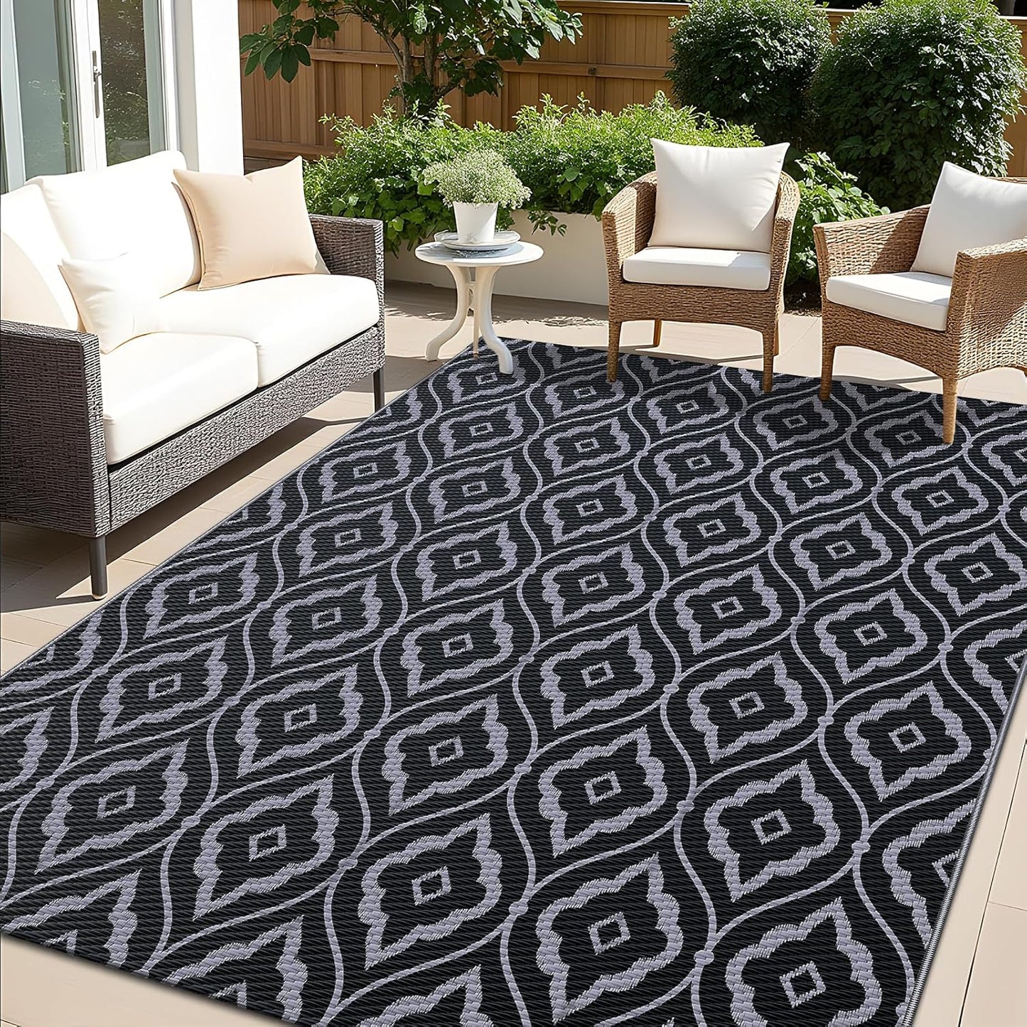 OLANLY Outdoor Rug 9x12 ft Waterproof, Outdoor Plastic Straw Rug with Geometric Pattern Clearance, Reversible RV Mat for Patio, Camping, Balcony, Deck, Backyard, Black & Grey