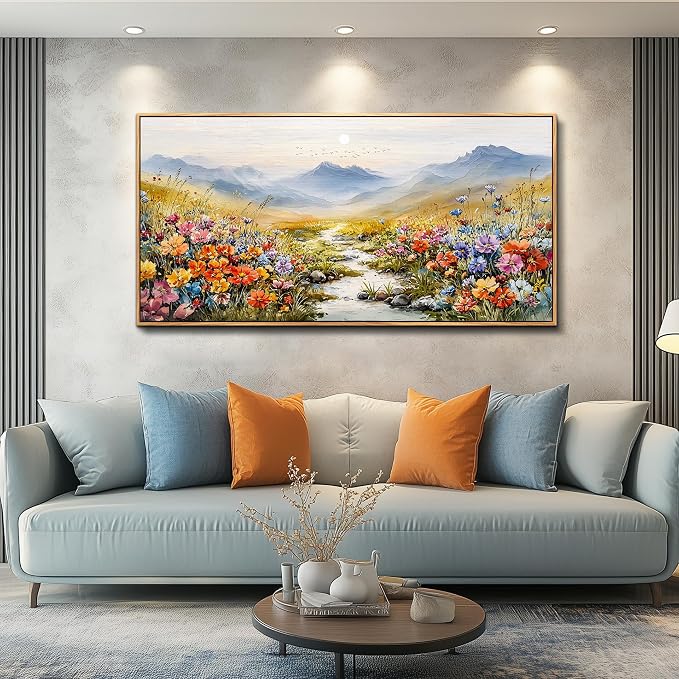 XIGUANGART Floral Wall Art, Large Framed Wall Art, Flower Pictures Wall Decor, Colorful Wildflowers Art Prints, Mountain Nature Landscape Paintings for Living Room Bedroom Kitchen Farmhouse 20"x40"