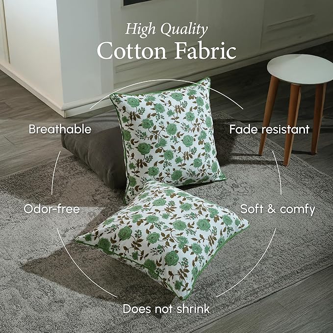 CPC 100% Cotton Throw Pillow Covers 20x20 Inch, Set of 2 Green Block Print Pattern Couch Pillow, Cute Boho Decorative Pillows for Living Room, Bedroom with Hidden Zipper- Moss Green