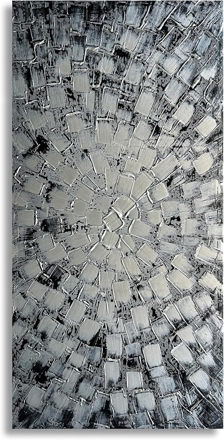 MyArton Textured Abstract Squares Canvas Wall Art Hand Painted Modern Black Silver Oil Painting for Home Decoration Ready to Hang Horizontal or Vertical 48x24inch