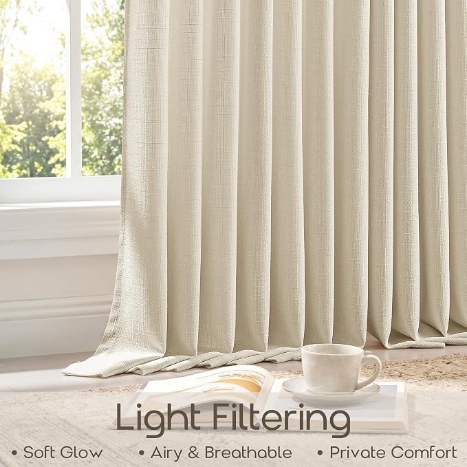 96 Inch Pinch Pleated Linen Cream Beige Curtains 2 Panels Boho Cottage Memory Shape Semi Sheer Burlap Textured Drapes for Living Dining Room Bedroom 40 Inch Wide Back Tab Light Filtering Curtains