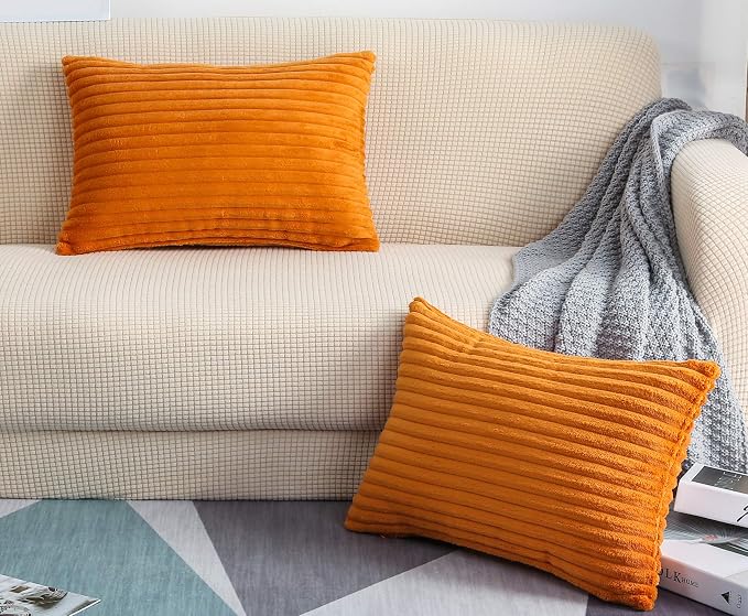 TangDepot Velvet Big Corduroy Pillow Covers 12x24 Deep Orange 2-Pack | Soft wide-stripe corduroy pillow cover, hidden zipper, machine washable, easy refresh, for bedroom living room indoor outdoor