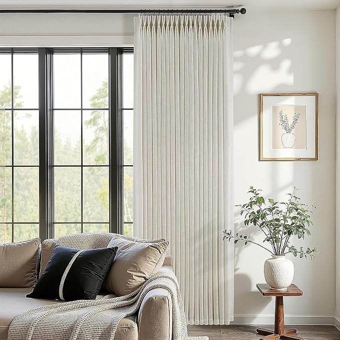 Pinch Pleated Thick Linen Curtains 108 Inch Length 2 Panels Set for Living Room Warm Beige Neutral Pleated Curtains Semi Sheer Light Filtering Privacy Bedroom Window Drapes