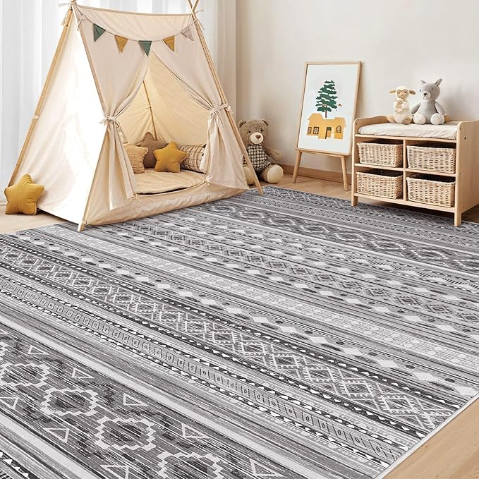 cotiled 9x12 Area Rug Living Room: Washable Boho Rugs with Non Slip Backing Large Soft Indoor Stain Resistant Carpet for Bedroom Farmhouse Dining Room Lightweight Home Decor Beige Grey