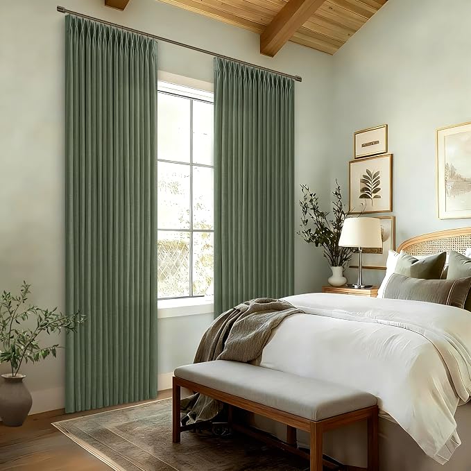 Green Linen 86 Inches Long Curtains 2 Panels Set Pinch Pleated Olive Moss Green Linen Drapes for Living Room Bedroom Pinch Pleat Light Filtering Country Farmhouse Window Curtains 86 Inch Length
