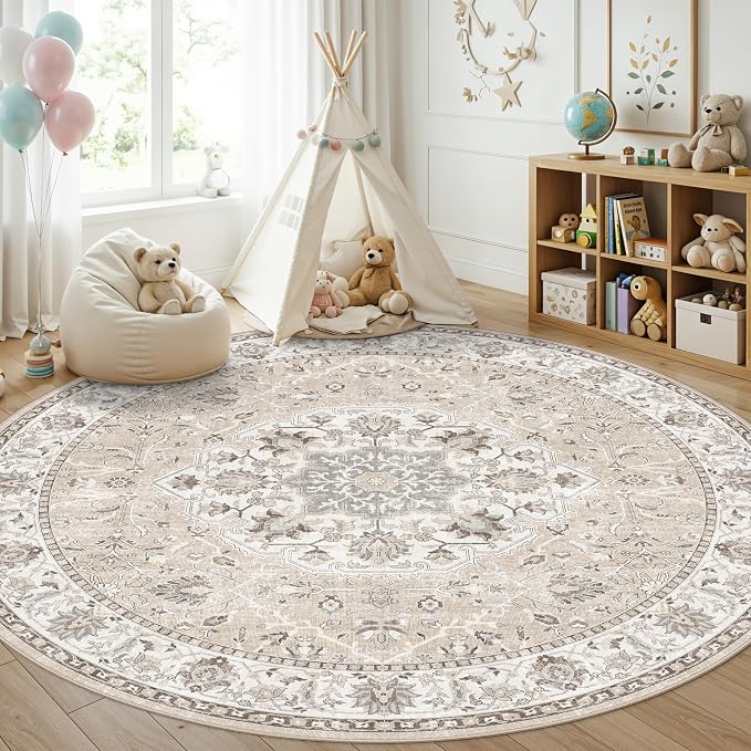 Washable 6ft Circle Round Rug: 6x6 Low-Pile Circular Rug for Living Room Bedroom Cute Office Nursery Area Rug with TPR Rubber Backing Soft Stain-Resistant Carpet Bathroom Entryway Dorm(6Round，Beige)