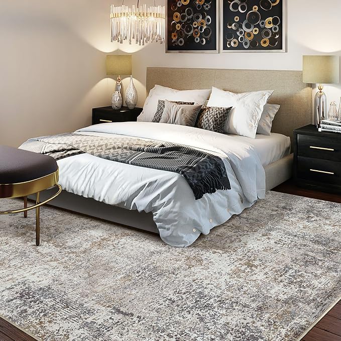 DMOYEST Area Rug Living Room Rugs - 5x7 Abstract Large Soft Indoor Washable Rug Neutral Modern Low Pile Carpet for Bedroom Dining Room Farmhouse Home Office - Brown/Grey/Black