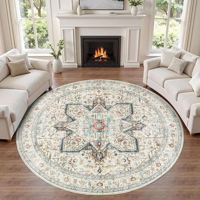Tortania 5' Round Area Rug Living Room Rugs - Washable Boho Rug Vintage Oriental Distressed Farmhouse Large Thin Indoor Carpet for Bedroom Under Dining Table Home Office - Aqua Multi
