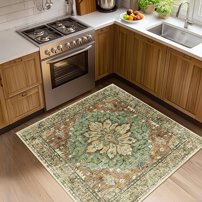 RELEANY Area Rugs Square 4ft Washable Non-Slip, Floral Vintage Distress Print Pattern Medallion Carpet for Living Room Bedroom Dining Room, Brick Red Rust Neutral Brown Burnt Orange Green