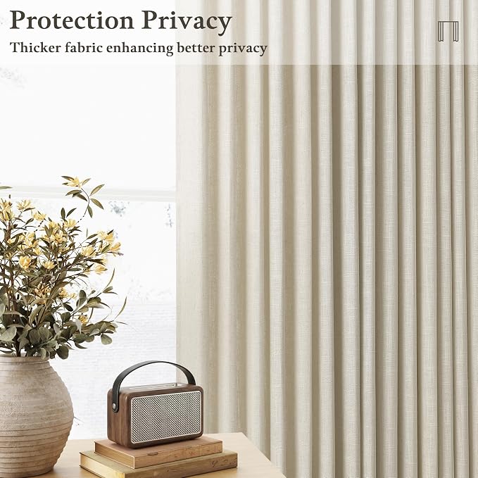 98 Inch Beige Linen Pinch Pleated Curtains 2 Panels for Living Room Bedroom Memory Training Shaped Semi Sheer Light Tan Pinch Pleat Drapes with Hooks Rings Light Filtering Window Curtain 50x98