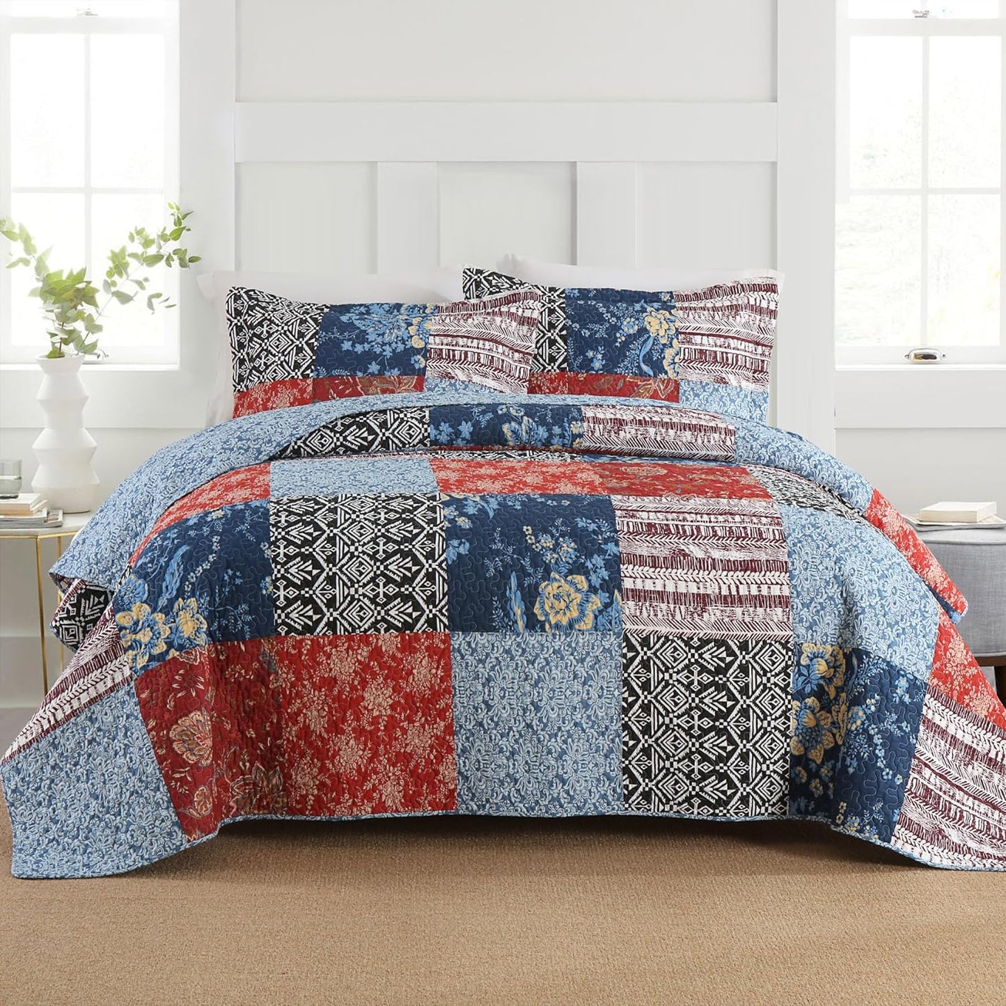 Secgo California King Comforter Set for Bed - 100% Cotton Quilts Cal King Size, Black Bedspreads (120 * 110 Inch) with 2 Pillow Shams, Patchwork Reversible Lightweight Bedding