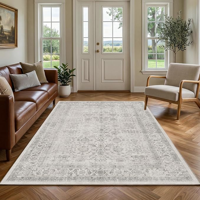 FMFUNCTEX 4x6 Washable Area Rug Grey Neutral Vintage Non Slip Low Pile Traditional Indoor Carpet for Entryway Living Room Bedroom Soft Retro Floral Mat Throw Rug for Dining Office Kitchen Entryway