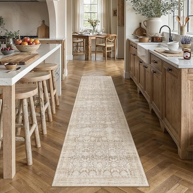 2x10 Beige Washable Neutral Runner Rug for Living Room Floral Non Slip Low Pile Runner Indoor Vintage Traditional Stain Resistant Distressed Carpet Kitchen Bedroom Dining Room Hallway Bathroom